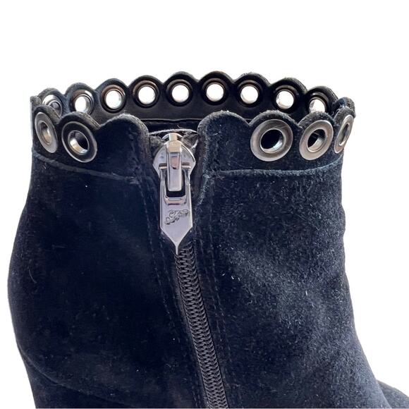 Fergie Women 6. 5 Bootie Jackie Ankle Moto Black Suede Peep toe Metal Accent Zip - Picture 6 of 10